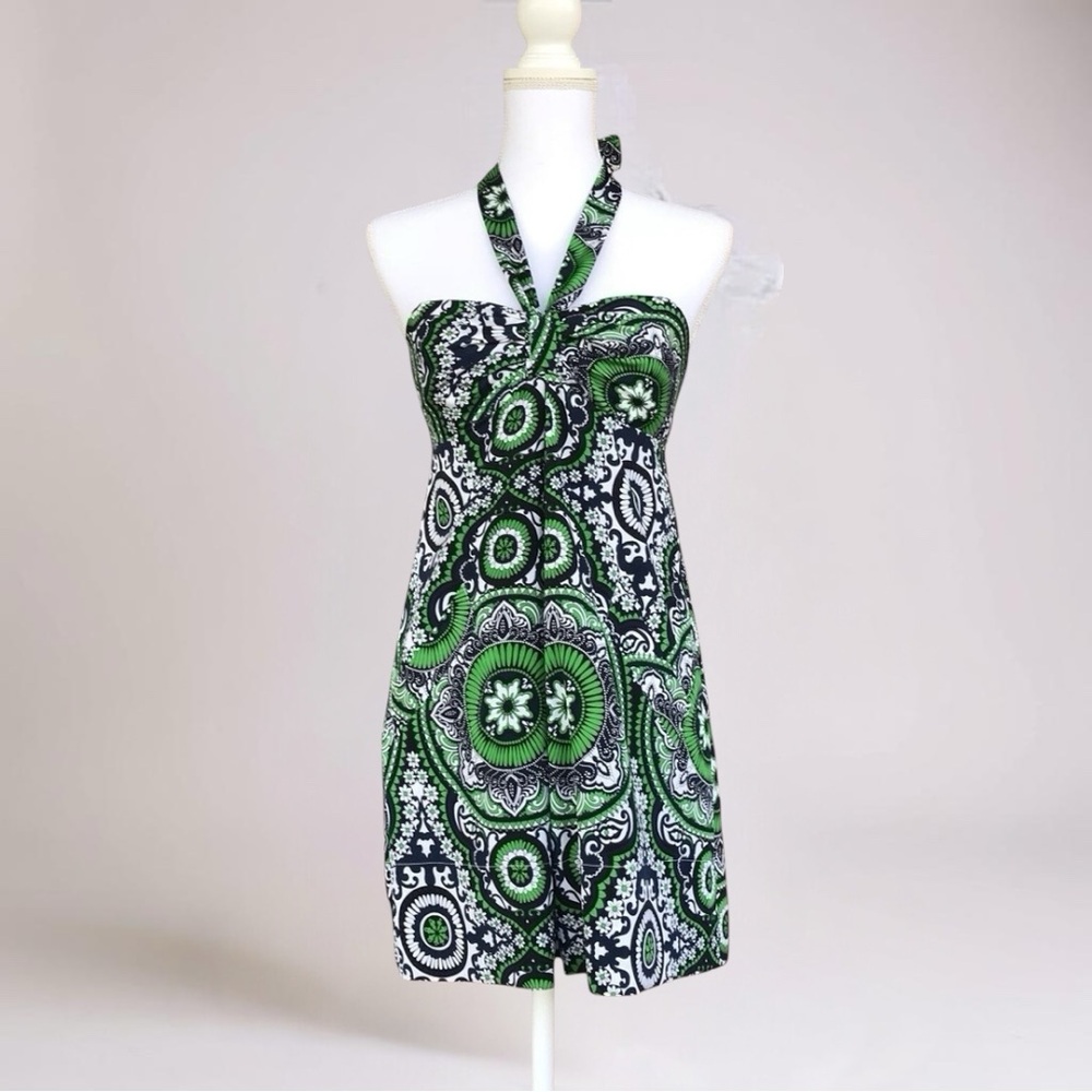 SHOSHANNA *SIZE 4* NAVY, GREEN & WHITE HALTER STRAPLESS SHORT MINI DRESS